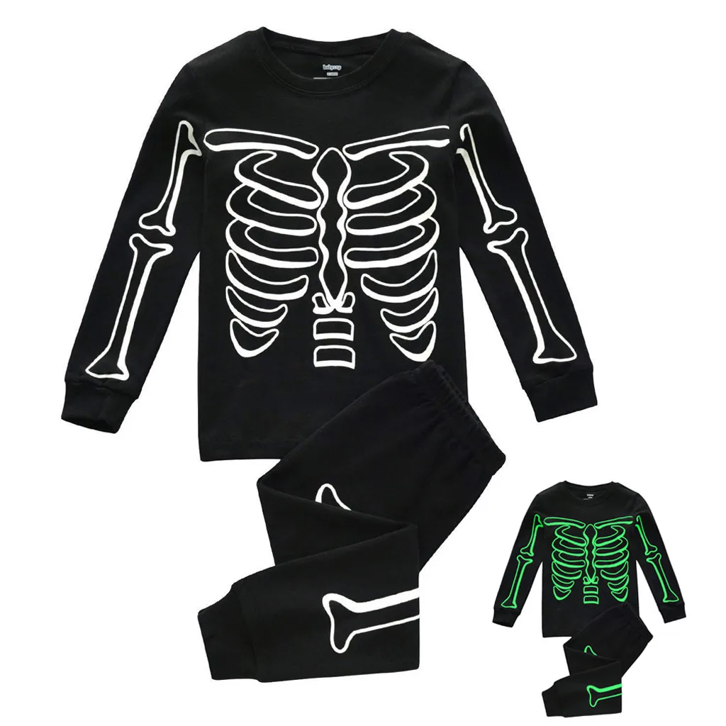 

Free Ship 2pcs Kid Girl Boy Clothes New Fashion Autumn Pajamas Glow in Dark Halloween Skeleton Cotton Sleepwear